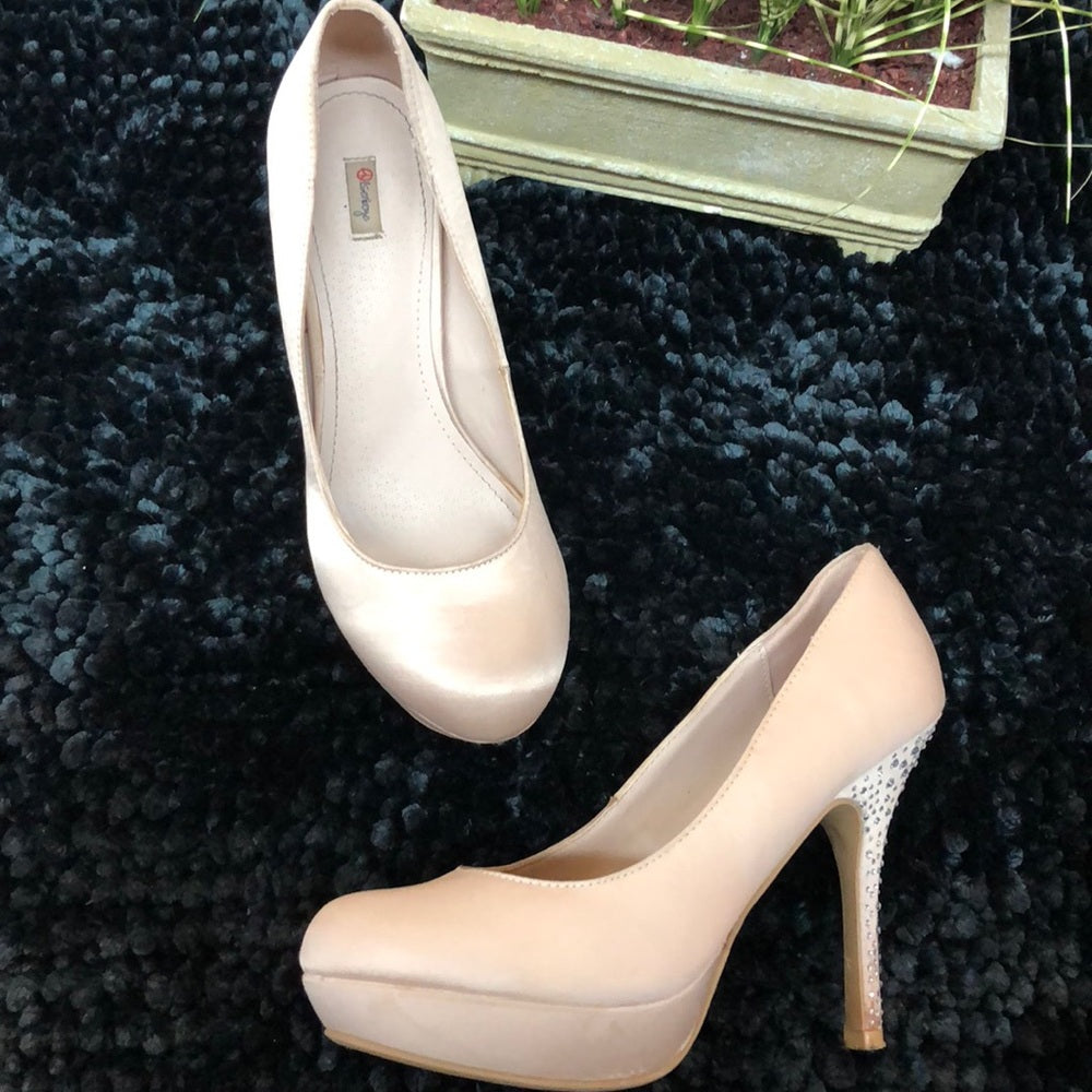 Champagne Satin shoes w/rhinestones on the heels.