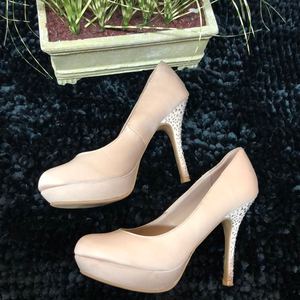 Champagne Satin shoes w/rhinestones on the heels.
