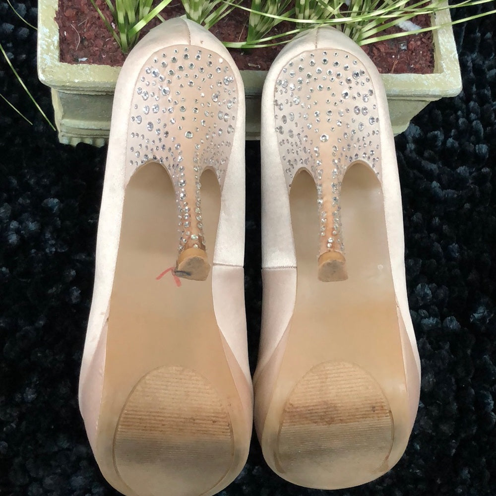 Champagne Satin shoes w/rhinestones on the heels.
