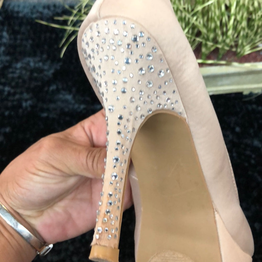 Champagne Satin shoes w/rhinestones on the heels.