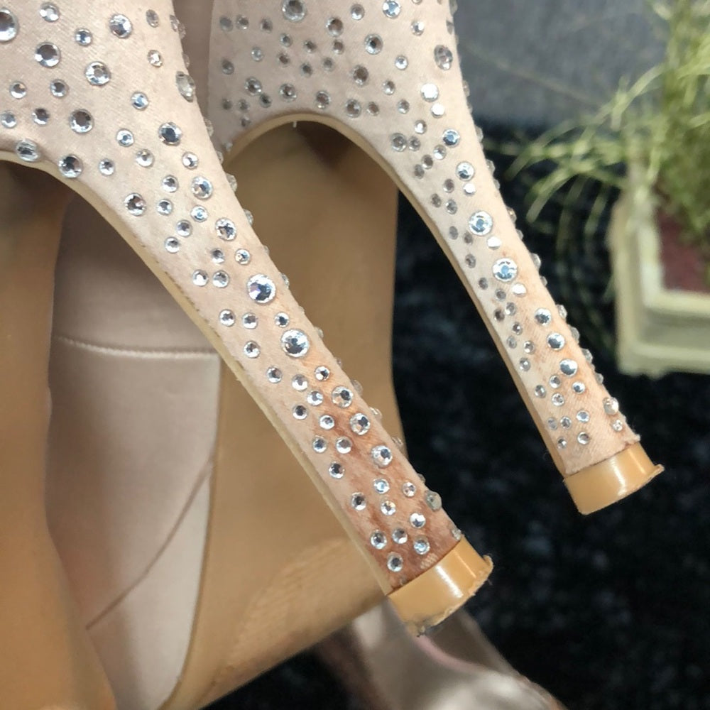 Champagne Satin shoes w/rhinestones on the heels.