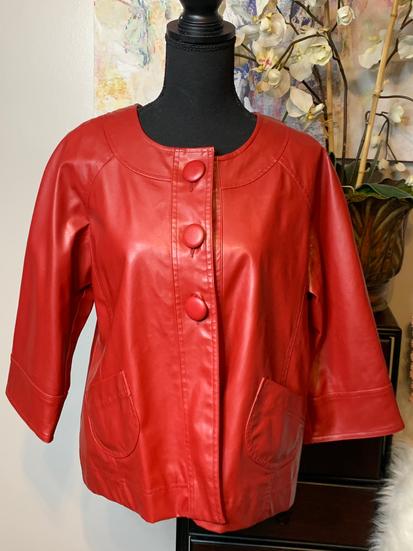 Size large petite red faux leather blazer
