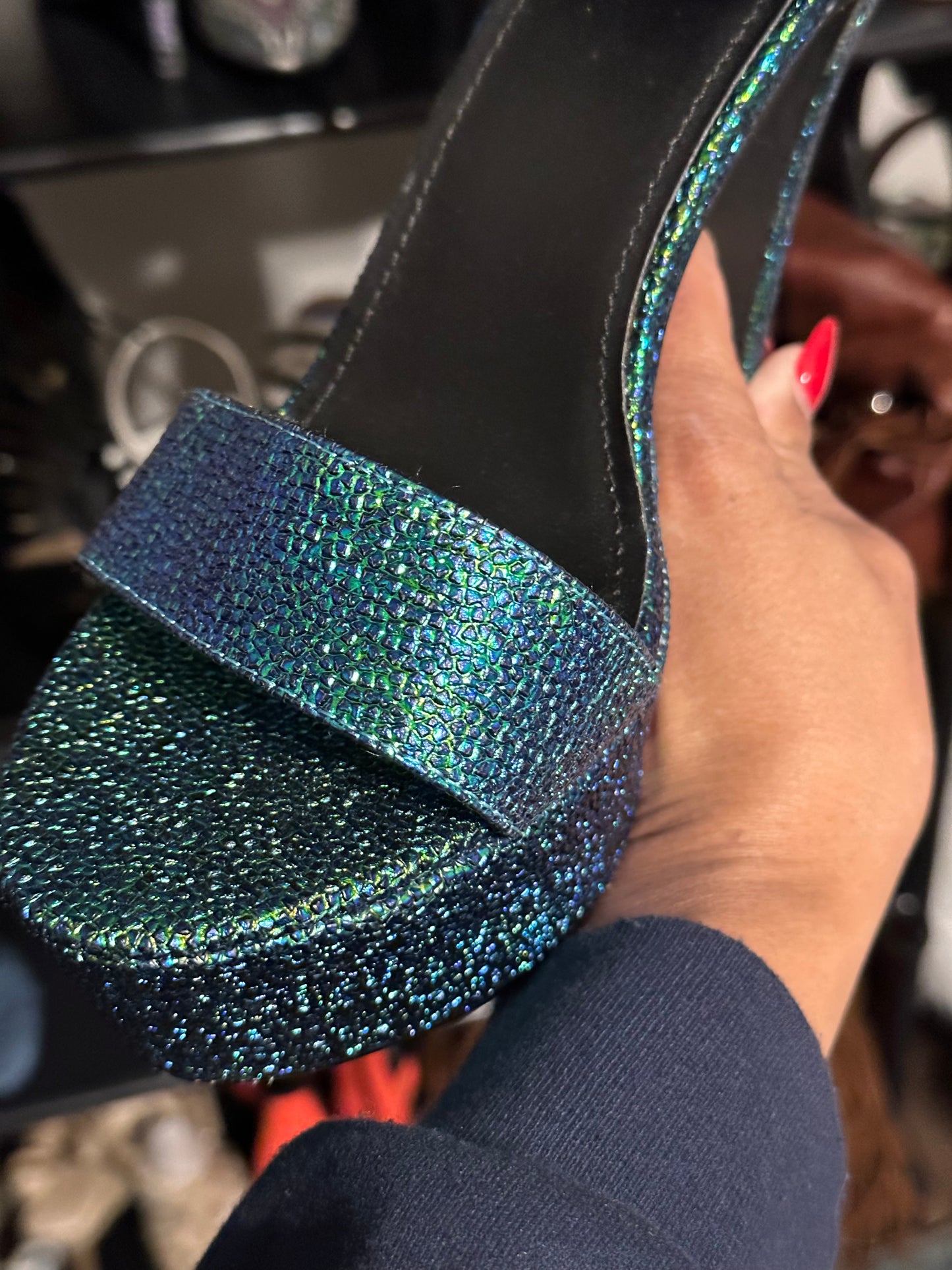 Size 10 green iridescent strappy heeled boots