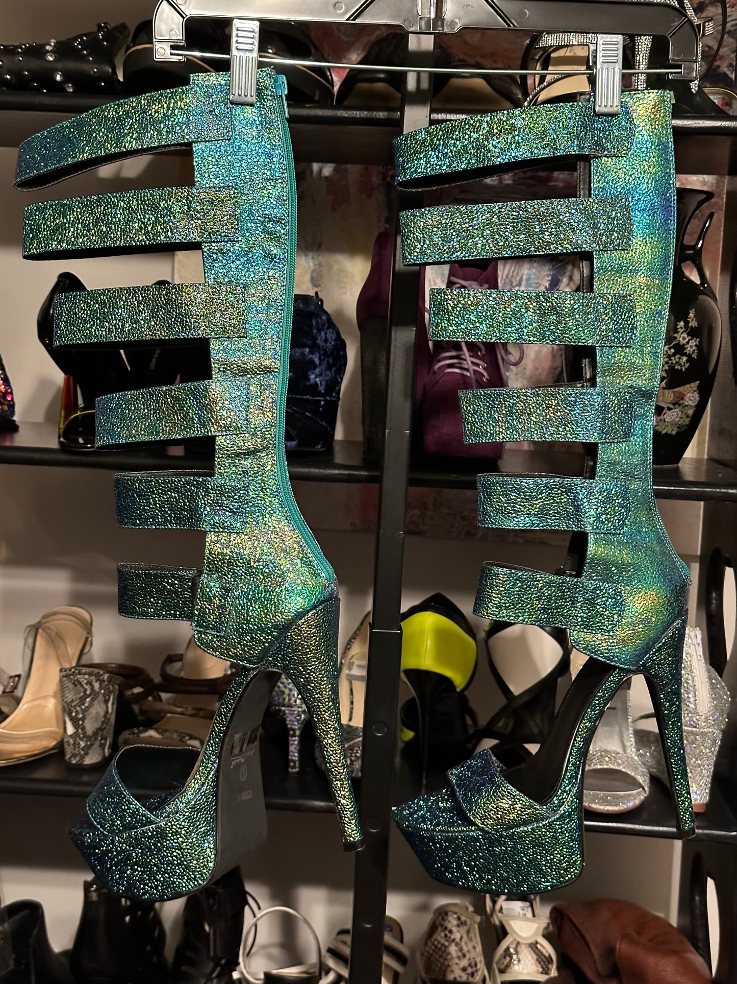 Size 10 green iridescent strappy heeled boots