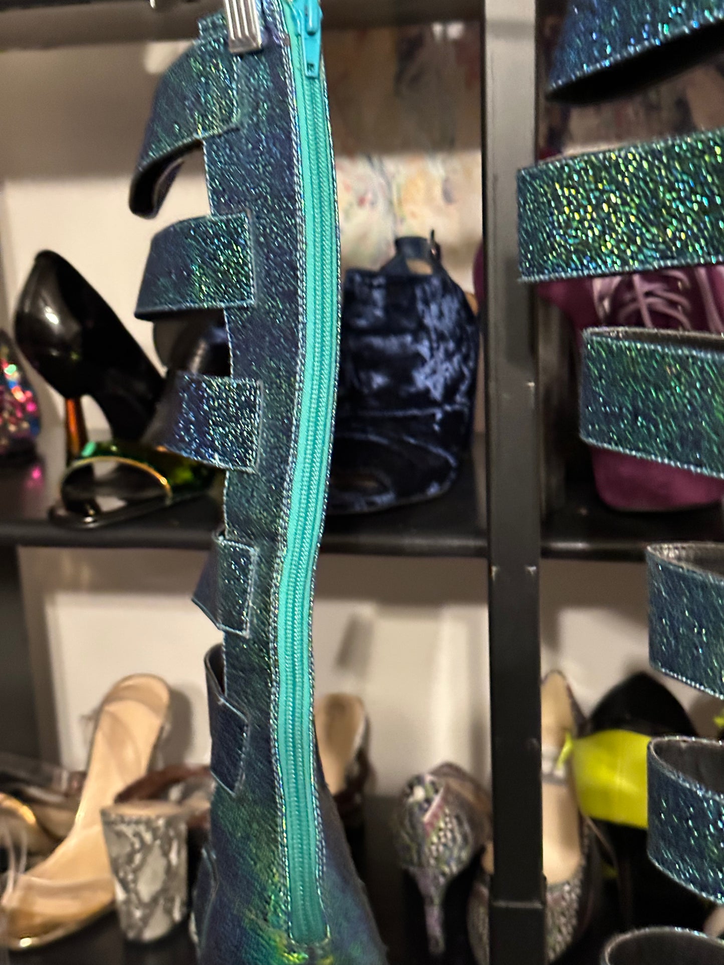 Size 10 green iridescent strappy heeled boots