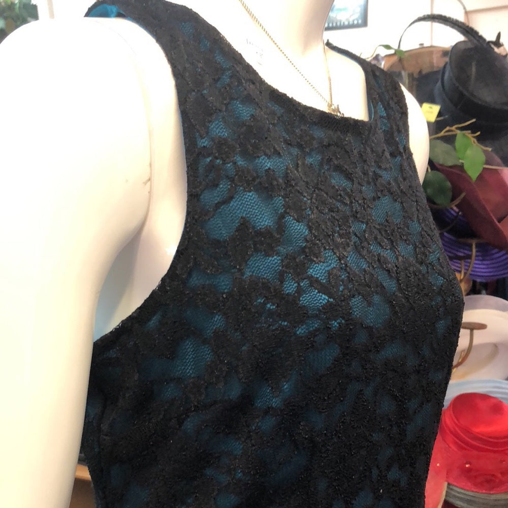 NWT Medium teal blue w/black lace overlay dress