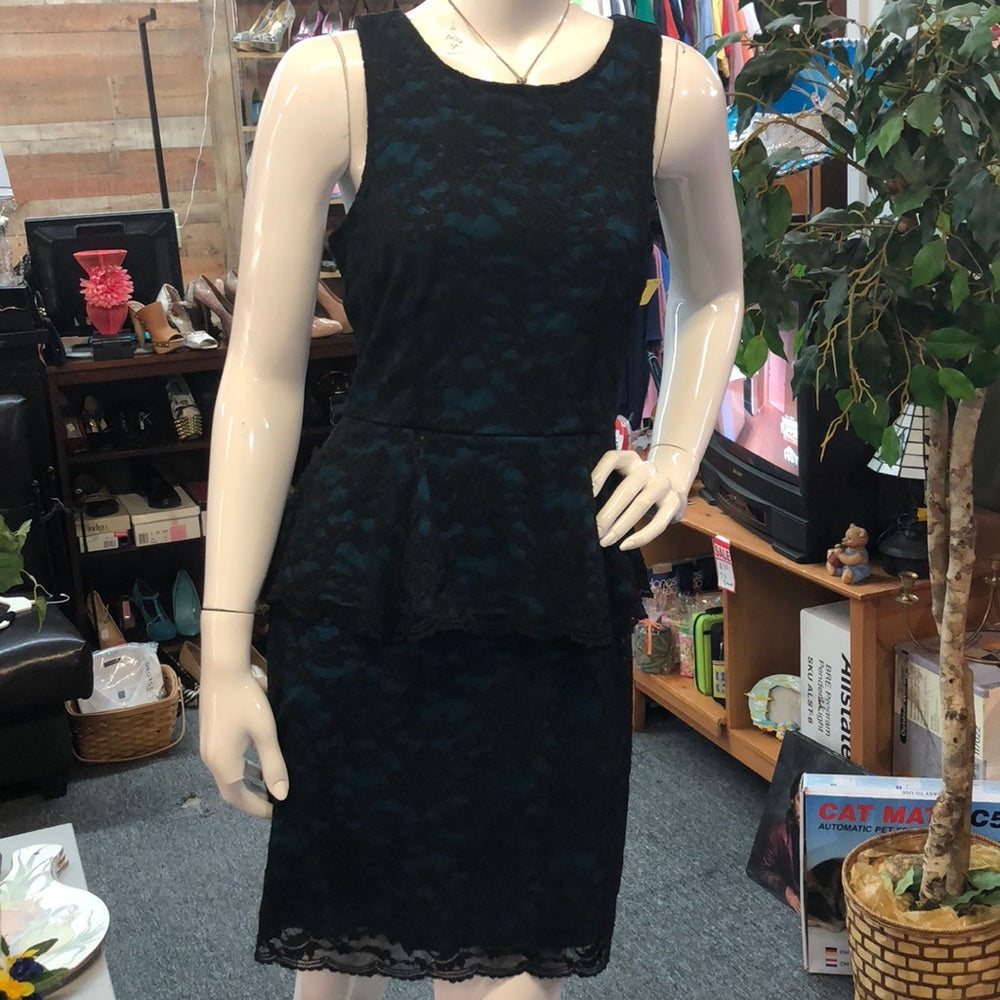 NWT Medium teal blue w/black lace overlay dress