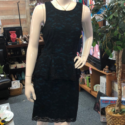 NWT Medium teal blue w/black lace overlay dress