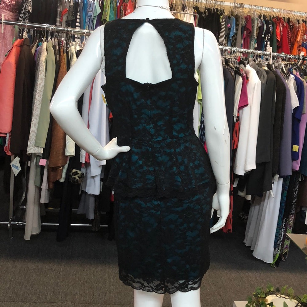 NWT Medium teal blue w/black lace overlay dress