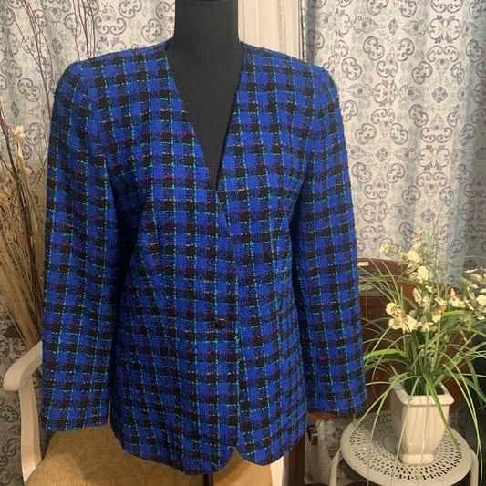 Vintage Size 8 blue plaid and tweed single button blazer